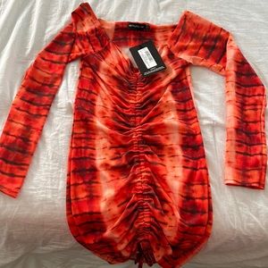 Orange Tie Dye Ribbed long Sleeve Bardot Ruched Bodycon Dress